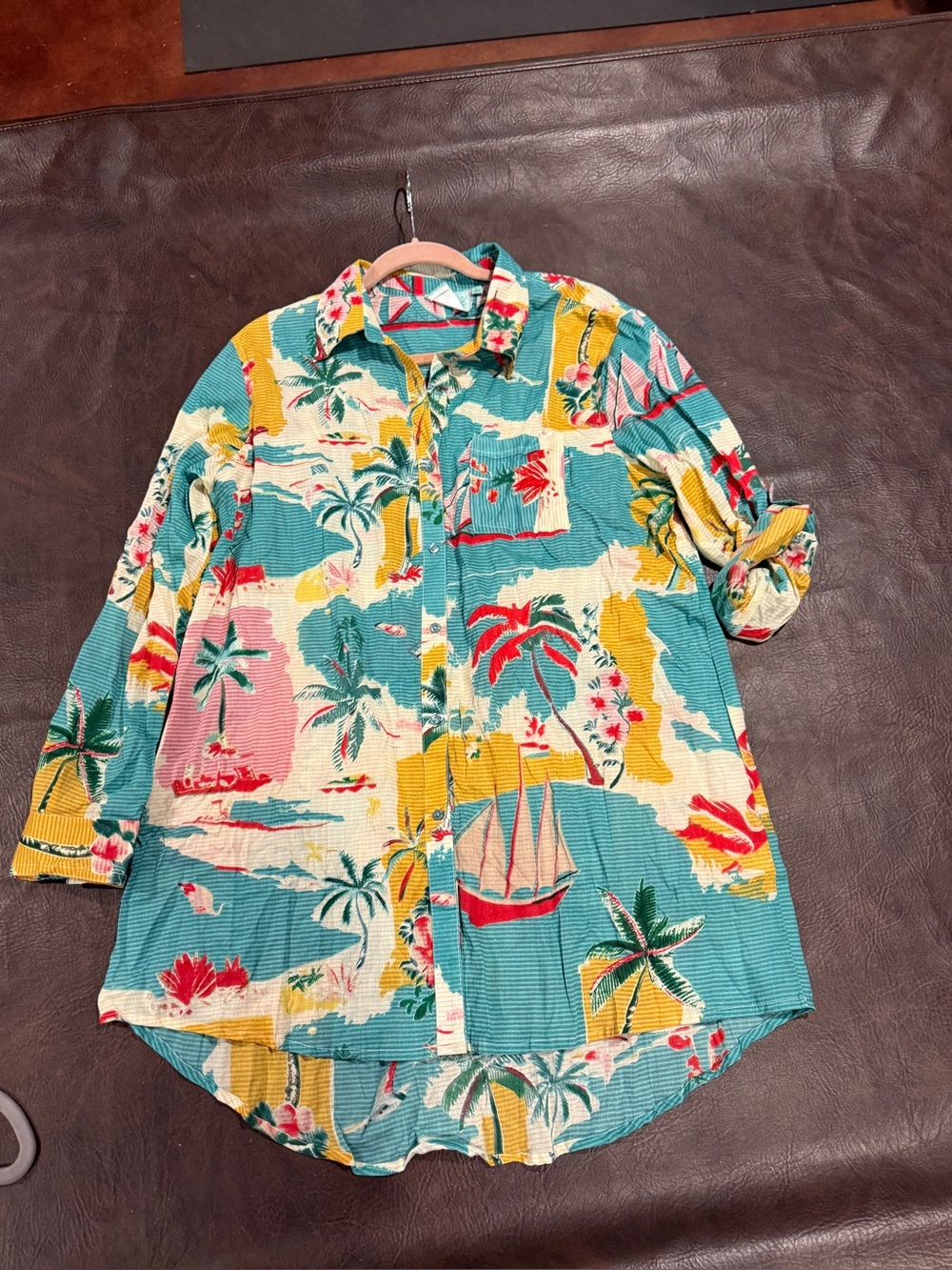 Tropical Print sun cover up- Teal Multi